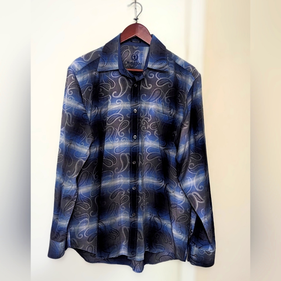 Bugatchi Uomo Shirt Mens Paisley Blue ButtonUp Long Sleeve Size L Brand New